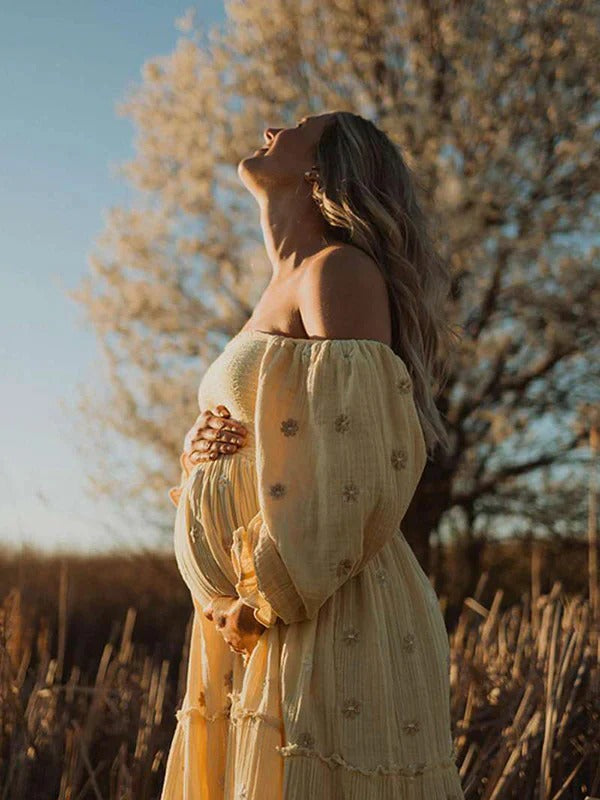 Beaumama robes longue grossesse bohème imprimé fleurie volants fluide enceinte shooting femme enceinte
