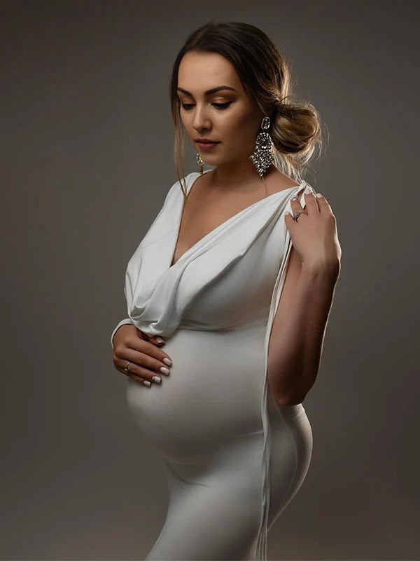 Beaumama robes longue grossesse sirene épaule asymétrique col bénitier elasthanne robes de séance photo femme enceinte