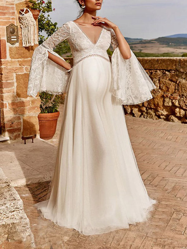 Beaumama robes longue grossesse mariage dentelle bouffante tutu queue manches fendues mariée femme enceinte