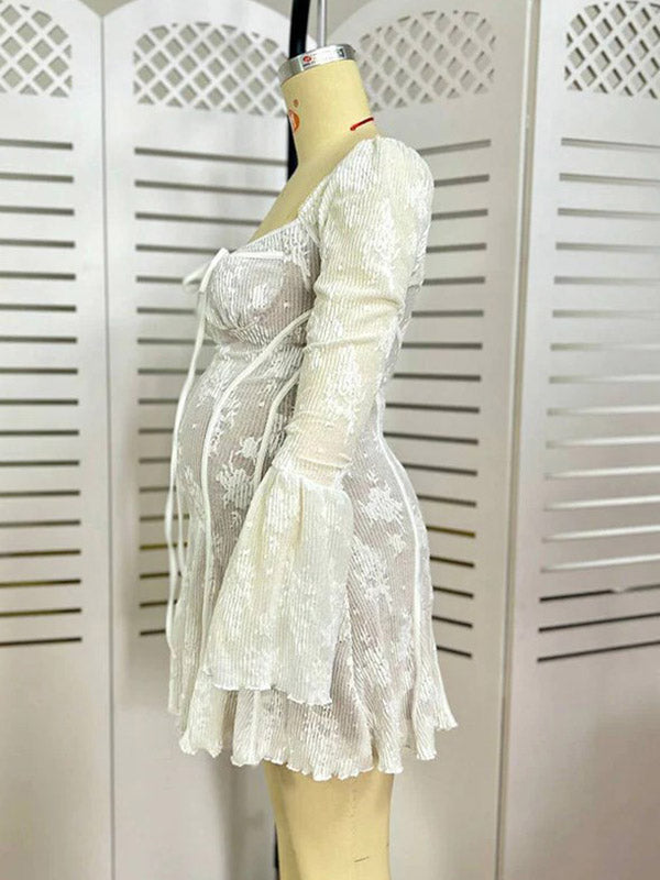 Beaumama robes courte grossesse cocktail cérémonie dentelle tulle fluide nœud manches trompette femme enceinte