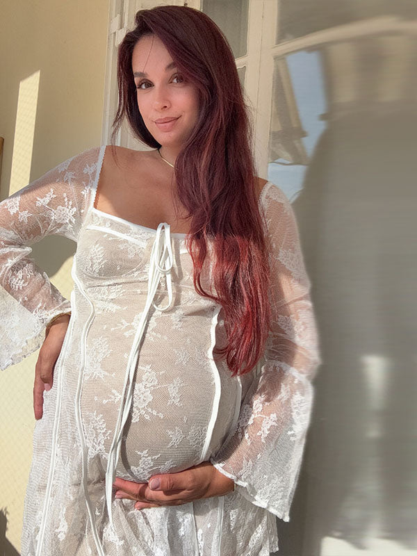 Beaumama robes courte grossesse cocktail cérémonie dentelle tulle fluide nœud manches trompette femme enceinte