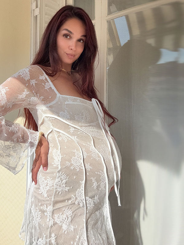 Beaumama robes courte grossesse cocktail cérémonie dentelle tulle fluide nœud manches trompette femme enceinte
