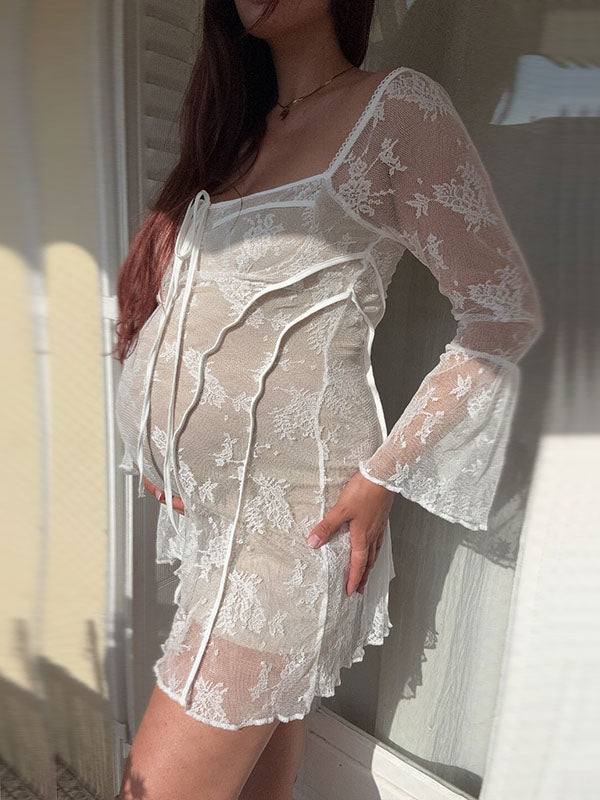 Beaumama robes courte grossesse cocktail cérémonie dentelle tulle fluide nœud manches trompette femme enceinte
