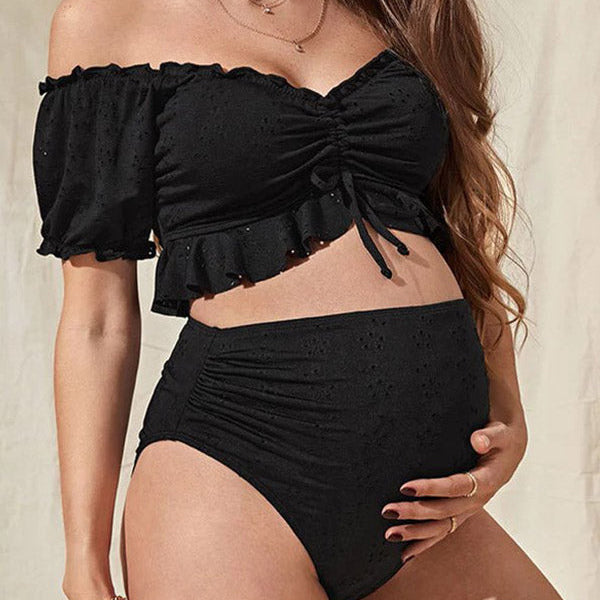 Beaumama maillot de bain deux pièce grossesse broderie anglaise volants coulisse taille femme enceinte
