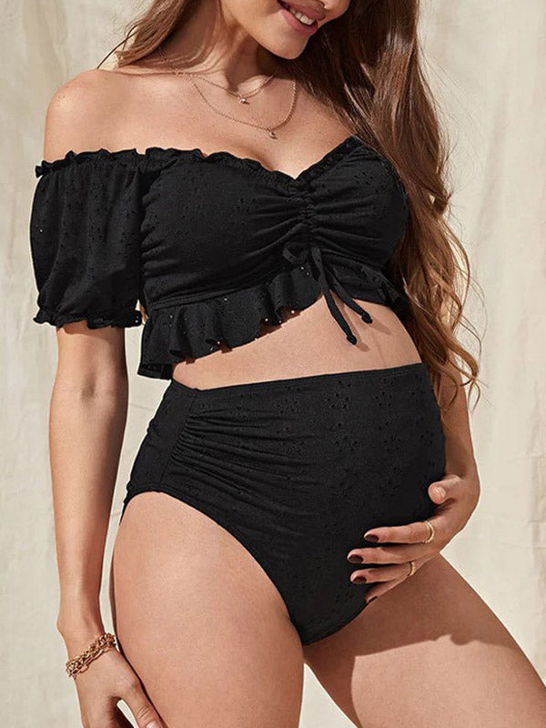Beaumama maillot de bain deux pièce grossesse broderie anglaise volants coulisse taille femme enceinte