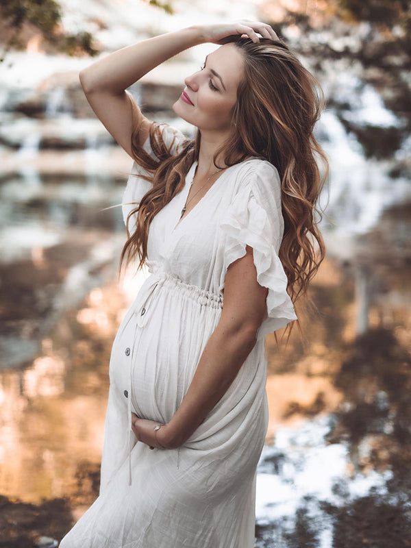 Robe longue bohème grossesse baby shower volants blanche
