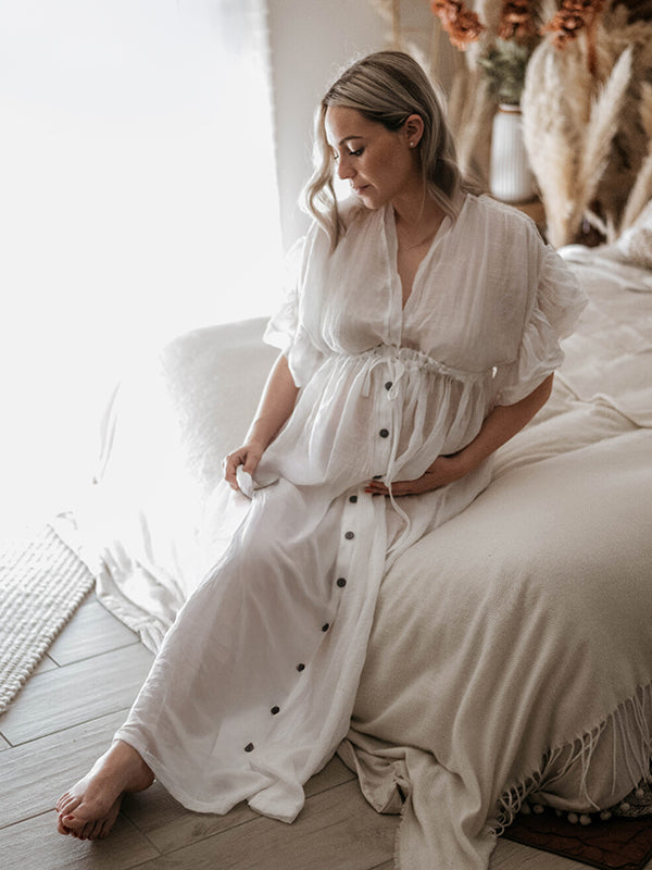 Robe longue bohème grossesse baby shower volants blanche