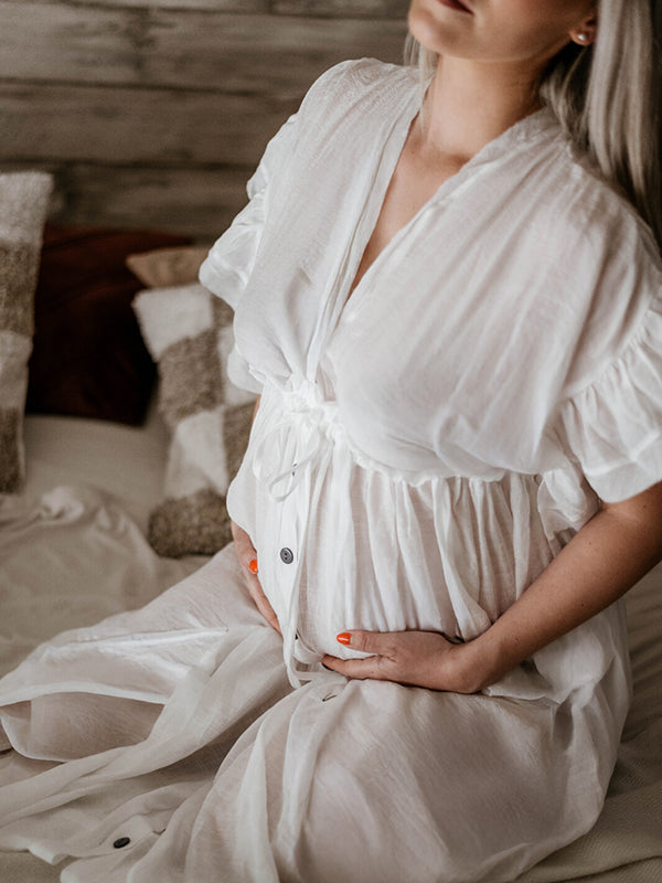 Robe longue bohème grossesse baby shower volants blanche