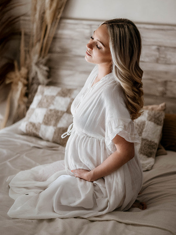Robe longue bohème grossesse baby shower volants blanche