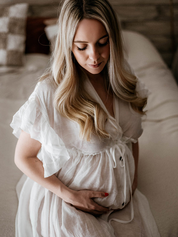 Robe longue bohème grossesse baby shower volants blanche