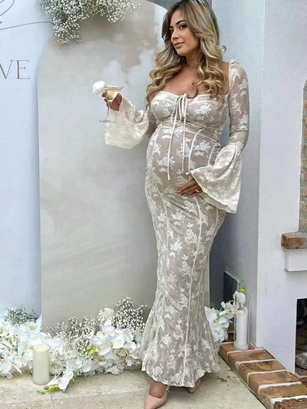 Beaumama robes longue grossesse cocktail cérémonie dentelle tulle fluide manches trompette femme enceinte