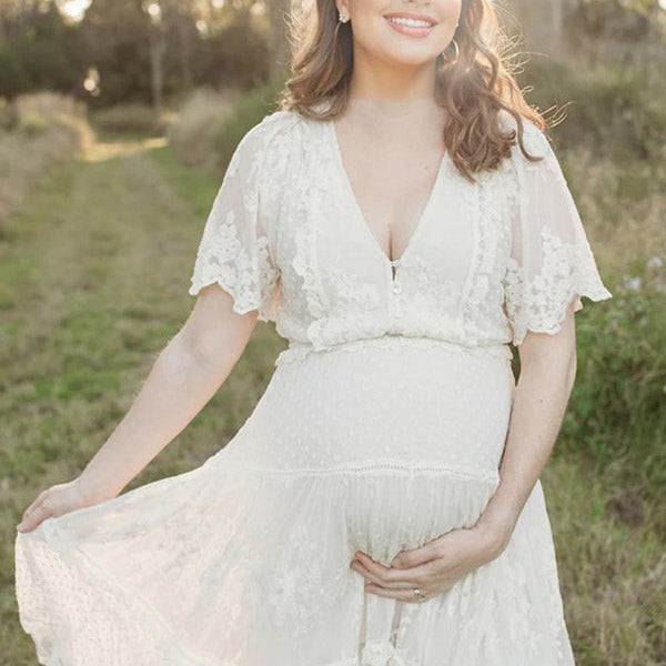 Beaumama robes photo longue grossesse bohème dentelle bord ondulé volants pois boutonnage femme enceinte mariage