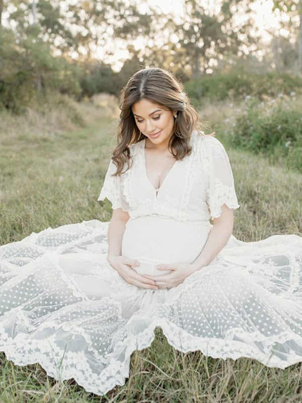 Beaumama robes photo longue grossesse bohème dentelle bord ondulé volants pois boutonnage femme enceinte mariage