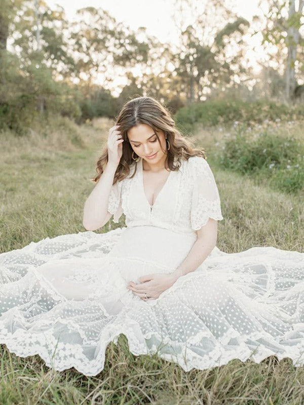 Beaumama robes photo longue grossesse bohème dentelle bord ondulé volants pois boutonnage femme enceinte mariage