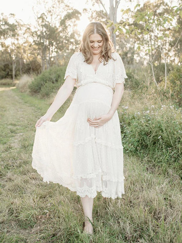 Beaumama robes photo longue grossesse bohème dentelle bord ondulé volants pois boutonnage femme enceinte mariage