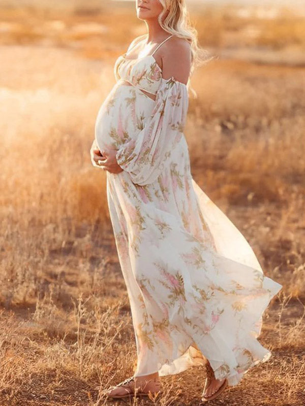 Beaumama robes photo longue grossesse bohème vacances imprimé fleurie découpe fluide dos nu femme enceinte