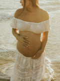 Beaumama robes photo longue grossesse vacances costume deux pièces fleurie dentelle volants coulisse taille femme enceinte