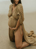 Beaumama robes photo longue grossesse bohème fendu le côté tricot torsadé ceinture dos nu fluide femme enceinte