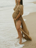 Beaumama robes photo longue grossesse bohème fendu le côté tricot torsadé ceinture dos nu fluide femme enceinte