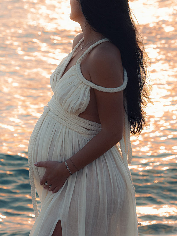 Beaumama robes photo longue grossesse bohème fendu le côté tricot torsadé ceinture dos nu fluide femme enceinte