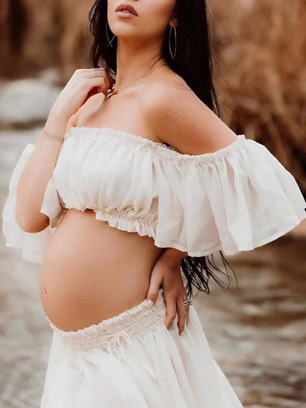 Beaumama robes longue grossesse enceinte shooting costume deux pièces mousseline fendu le côté volants fluide femme enceinte
