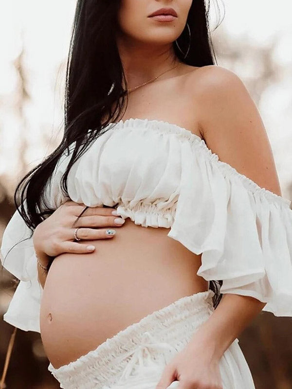 Beaumama robes longue grossesse enceinte shooting costume deux pièces mousseline fendu le côté volants fluide femme enceinte
