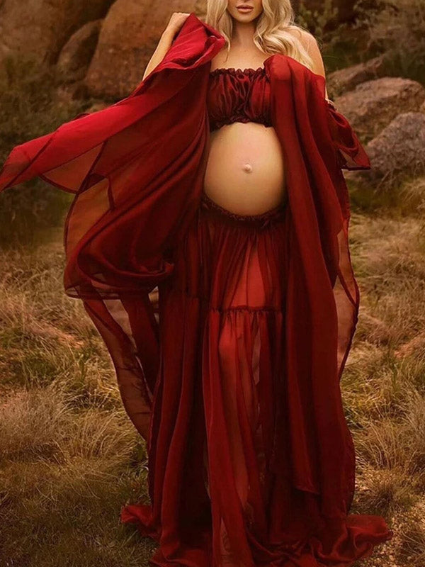 Beaumama robes longue grossesse enceinte shooting costume deux pièces mousseline fendu le côté volants fluide femme enceinte