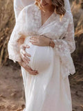 Beaumama robes longue grossesse enceinte shooting dentelle volants boutonnage fente avant fluide bohème femme enceinte