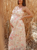 Beaumama robes longue grossesse vacances imprimé fleurie volants mousseline fluide élégant femme enceinte