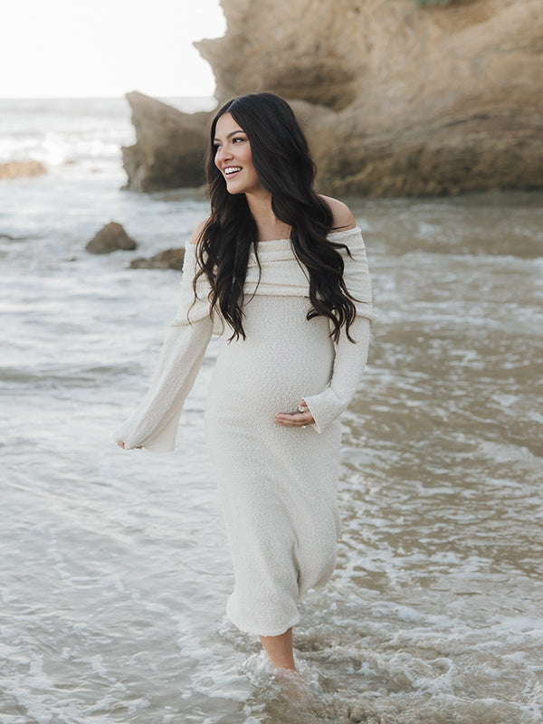 Beaumama robe shooting longue grossesse chic vacances crochet tricot épaule dénudée femme enceinte