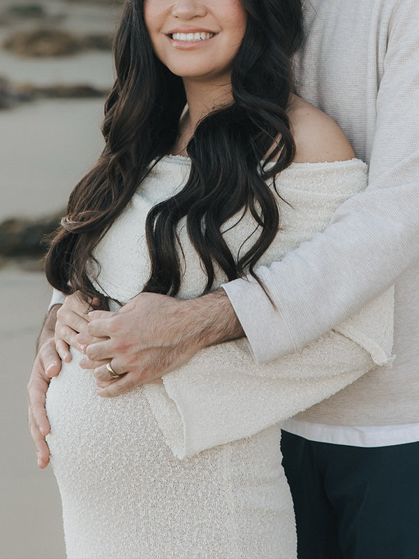 Beaumama robe shooting longue grossesse chic vacances crochet tricot épaule dénudée femme enceinte