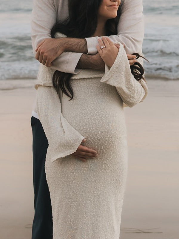 Beaumama robe shooting longue grossesse chic vacances crochet tricot épaule dénudée femme enceinte