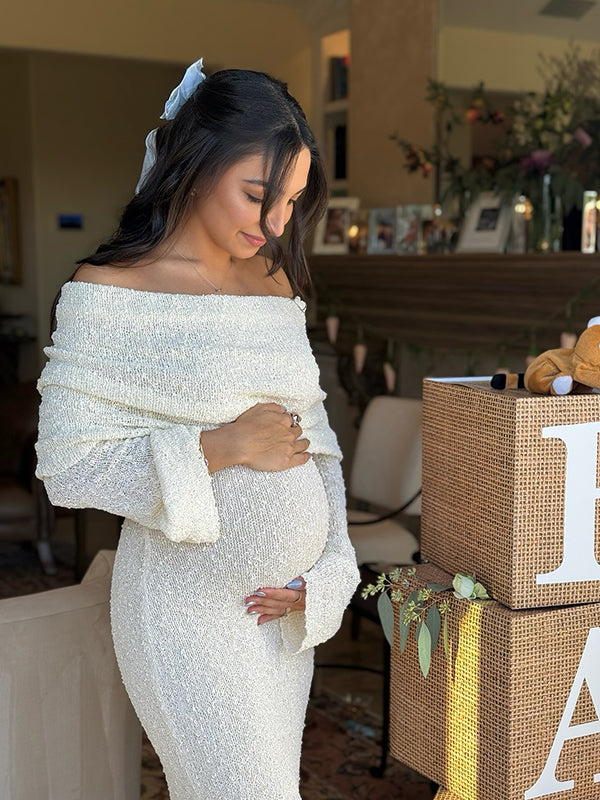 Beaumama robe longue grossesse babyshower shooting chic crochet tricot épaule dénudée cérémonie femme enceinte