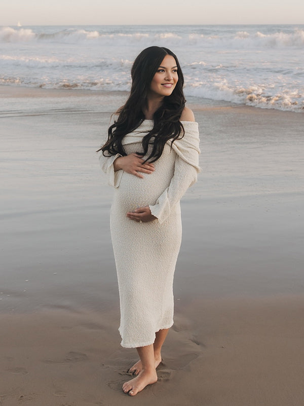 Beaumama robe shooting longue grossesse chic vacances crochet tricot épaule dénudée femme enceinte