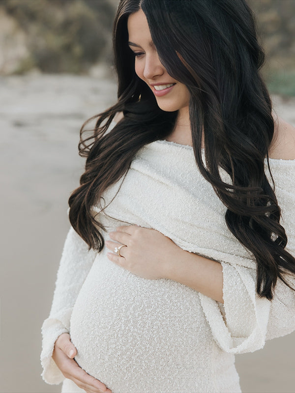 Beaumama robe shooting longue grossesse chic vacances crochet tricot épaule dénudée femme enceinte