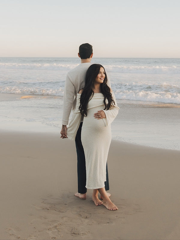 Beaumama robe shooting longue grossesse chic vacances crochet tricot épaule dénudée femme enceinte