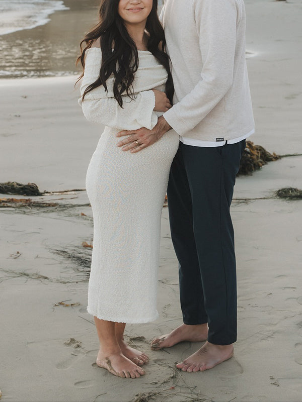 Beaumama robe shooting longue grossesse chic vacances crochet tricot épaule dénudée femme enceinte