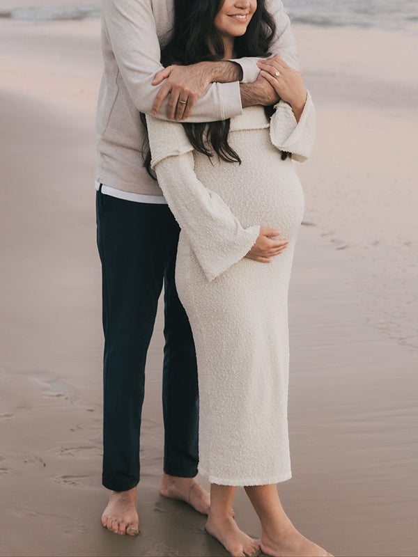 Beaumama robe shooting longue grossesse chic vacances crochet tricot épaule dénudée femme enceinte