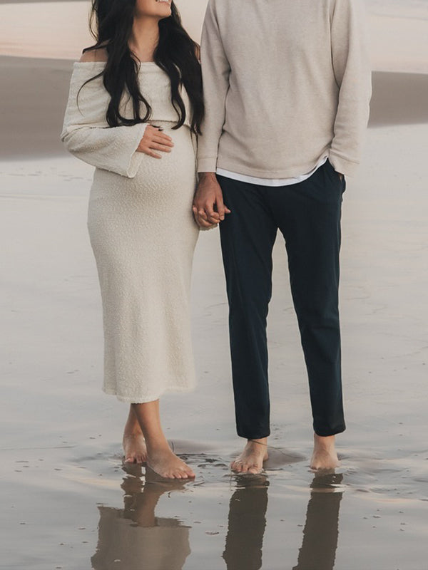 Beaumama robe shooting longue grossesse chic vacances crochet tricot épaule dénudée femme enceinte