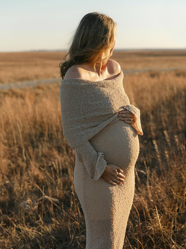 Beaumama robe longue grossesse élégant enceinte shooting vacances crochet tricot poilu plissé moulante femme enceinte