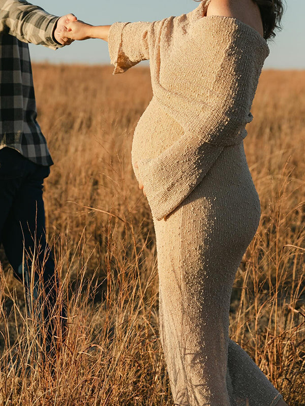 Beaumama robe longue grossesse élégant enceinte shooting vacances crochet tricot poilu plissé moulante femme enceinte