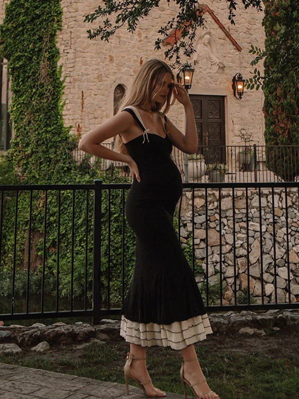 Beaumama robe longue grossesse élégant cocktail cérémonie volants moulante sirene couleur bloc femme enceinte