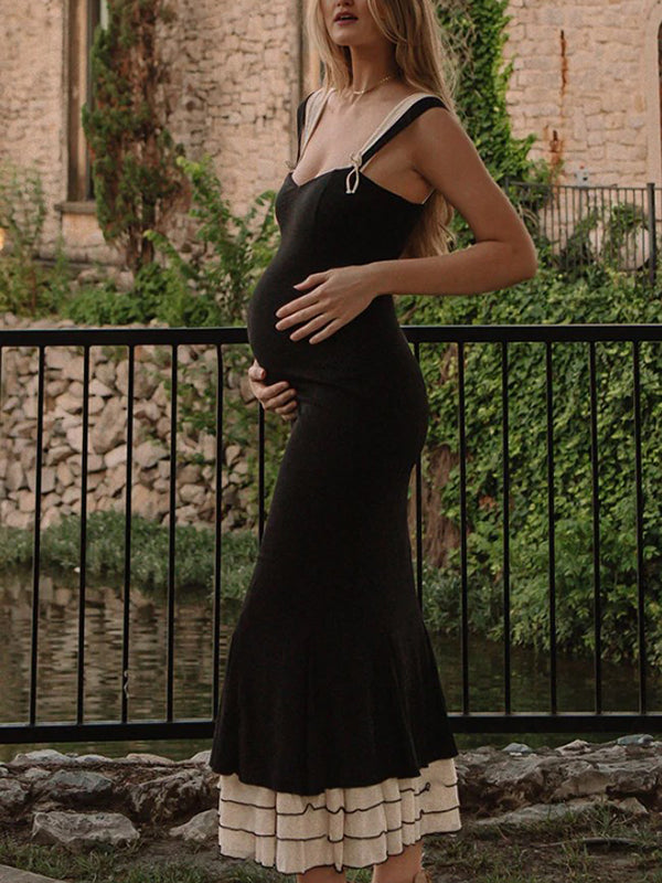 Beaumama robe longue grossesse élégant cocktail cérémonie volants moulante sirene couleur bloc femme enceinte