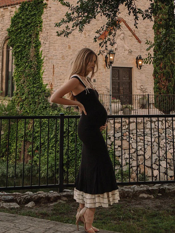 Beaumama robe longue grossesse élégant cocktail cérémonie volants moulante sirene couleur bloc femme enceinte