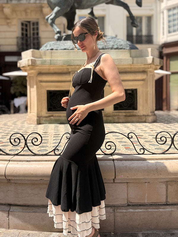 Beaumama robe longue grossesse élégant cocktail cérémonie volants moulante sirene couleur bloc femme enceinte