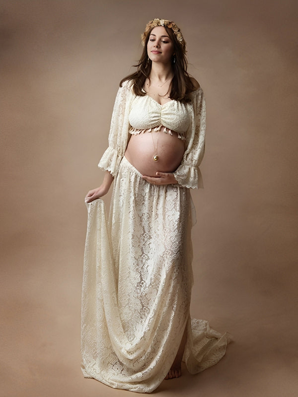 Beaumama robe longue grossesse élégant enceinte shooting costume deux pièces dentelle fendu le côté queue frange volants femme enceinte