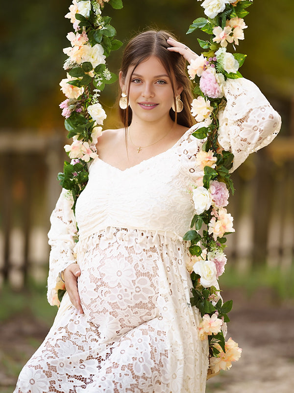 Beaumama robe longue grossesse élégant enceinte shooting costume deux pièces dentelle fendu le côté queue frange volants femme enceinte