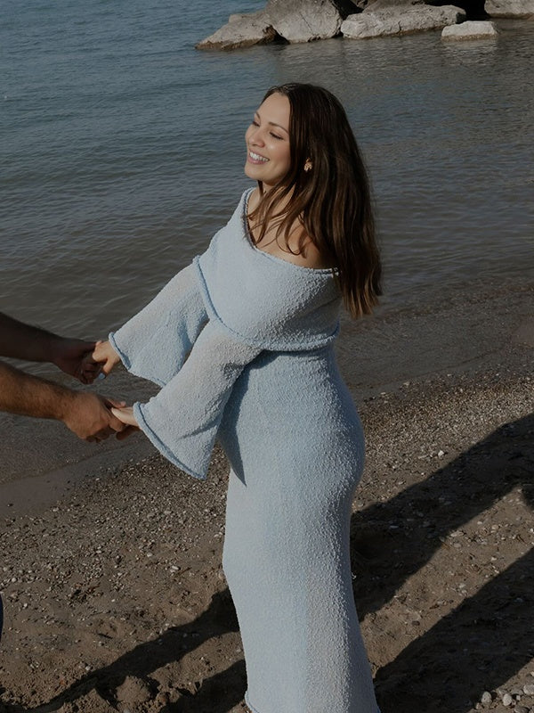 Beaumama robe longue grossesse shooting plage off shoulder moulant manches trompette séance photo femme enceinte