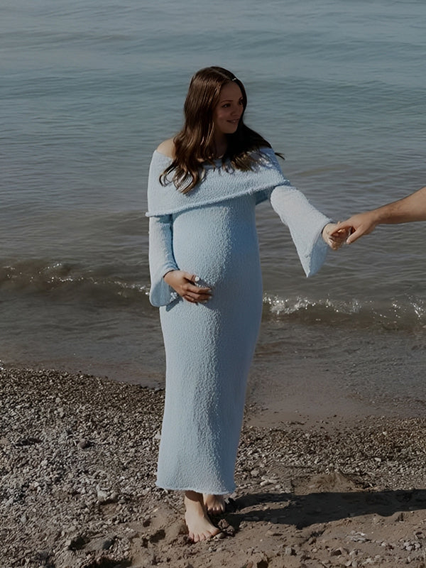 Beaumama robe longue grossesse shooting plage off shoulder moulant manches trompette séance photo femme enceinte