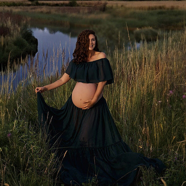 Beaumama robe longue grossesse élégant enceinte shooting costume deux pièces volants fendu le côté queue mousseline femme enceinte